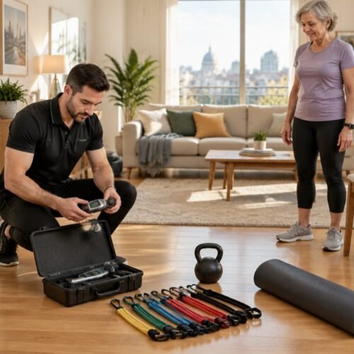 Material para valoración y entrenamiento a domicilio con VALD, TRX, gomas y kettlebell