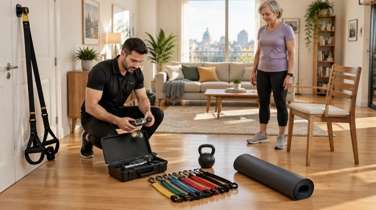 Material para valoración y entrenamiento a domicilio con VALD, TRX, gomas y kettlebell