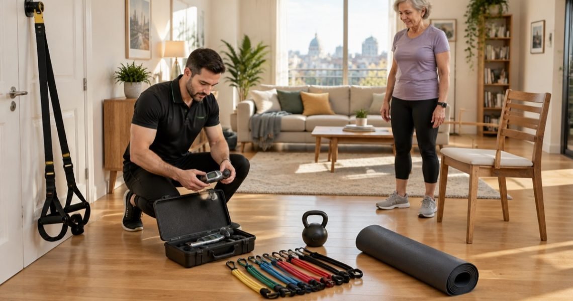 Material para valoración y entrenamiento a domicilio con VALD, TRX, gomas y kettlebell